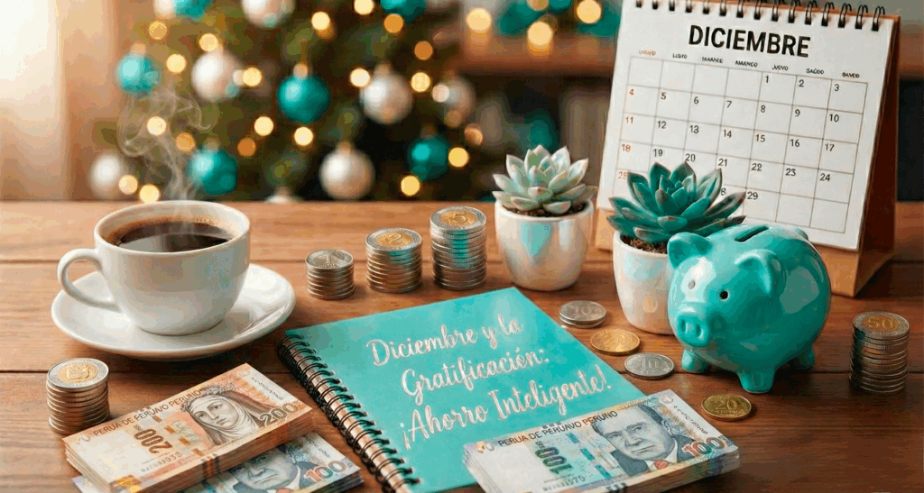 Imagen navideña con una taza de café, billetes, monedas, calendario de diciembre, y una alcancía en forma de cerdito, destacando el mensaje sobre el ahorro inteligente.