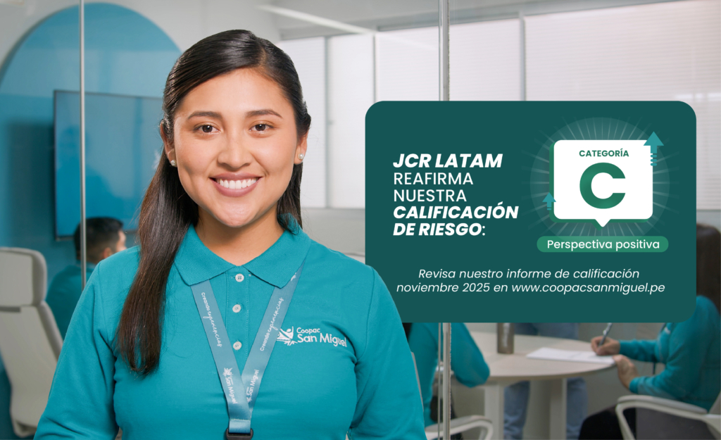Confirmación por parte de JCR LATAM de la calificación de riesgo de Coopac San Miguel en categoría C positiva, con un mensaje sobre la disponibilidad del informe de calificación en línea.