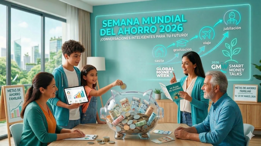 La imagen refleja la celebración de la Semana Mundial del Ahorro 2026, destacando la importancia de las conversaciones inteligentes sobre el ahorro familiar, metas financieras y el papel del modelo cooperativo en Perú.
